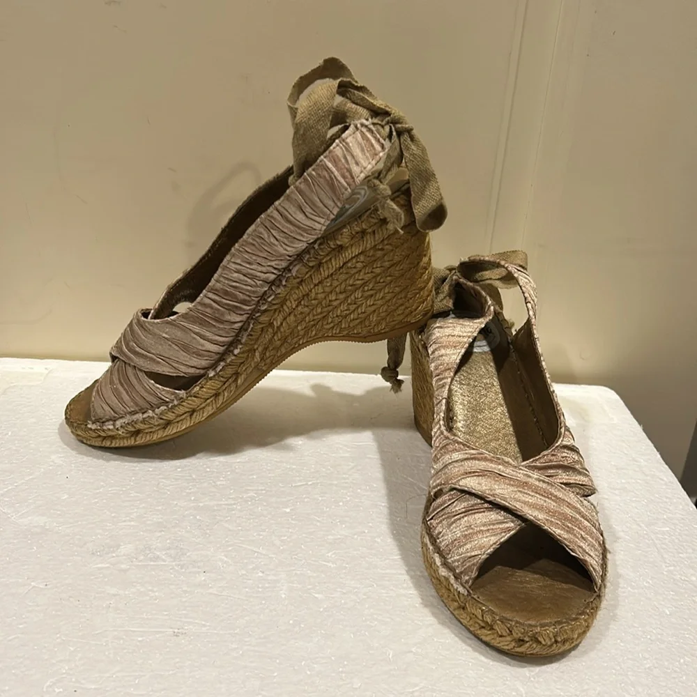 Vidorreta Espadrille Wedge Sandals open toe sling back faux tie satiny pleat 38